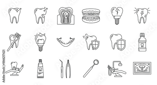 Dental care and hygiene icons set collection of linear vector illustrations of teeth, toothbrush, toothpaste, and dental tools isolated on