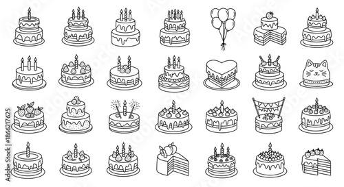 Birthday cake icons set collection of linear vector illustrations of sweet cakes with candles and decorations isolated on