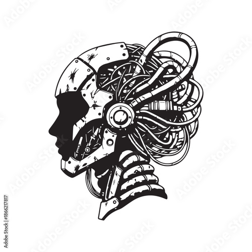 Futuristic cyborg head profile vector illustration, detailed mechanical robot face with wires, cables, and technological brain components in cyberpunk style
