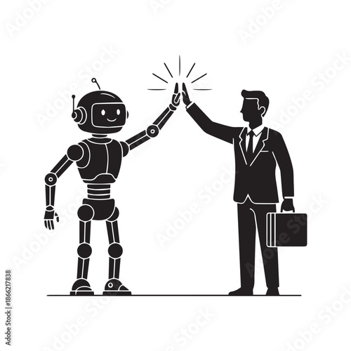 Businessman and robot giving high five vector illustration, human and artificial intelligence collaboration silhouette concept isolated on white background for business technology partnership design
