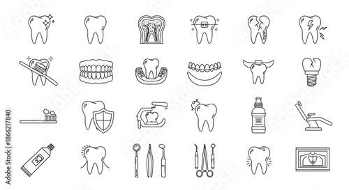 Collection of linear icons representing common dental problems and treatments isolated on dentistry and oral hygiene concept