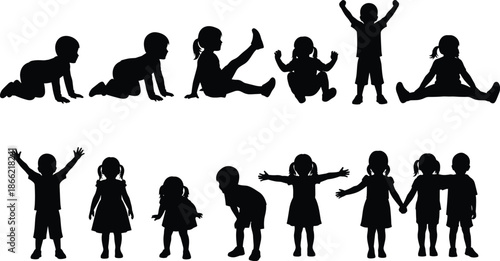 Children growth stages silhouette illustration, kids development poses from crawling to standing, playful childhood activities isolated black figures set collection