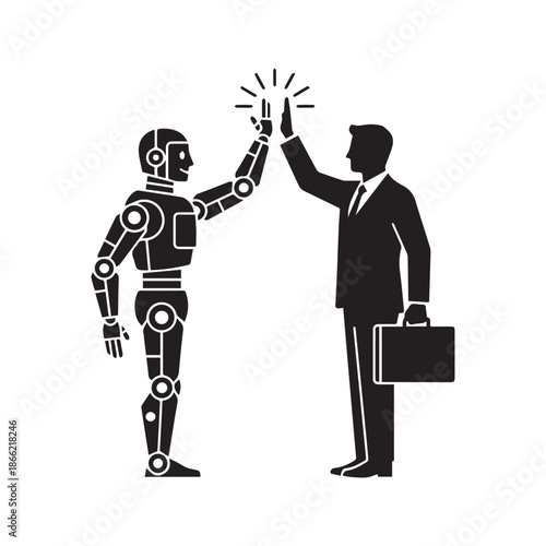 Businessman and robot giving high five vector illustration, human and artificial intelligence collaboration silhouette concept isolated on white background for business technology partnership design

