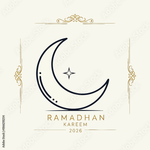 Ramadhan Kareem celebration vector illustration with crescent moon and star on elegant white background