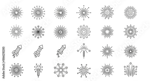 Collection of hand drawn fireworks isolated on set of doodle firecrackers, rockets and sparklers for holiday celebration design