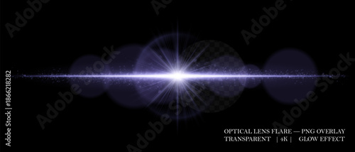Optical lens flare with glowing core, scattered particles, and horizontal beam. Perfect for overlays, cinematic highlights, and futuristic visual effects in digital design.
