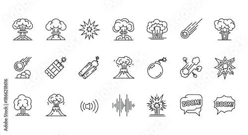Explosion and boom effect line icons bomb, dynamite, volcano eruption, sound wave, comic speech bubble isolated on