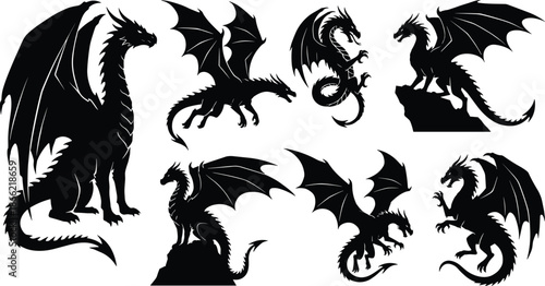 Dragon silhouette collection illustration, fantasy winged dragons set, mythical creatures flying roaring poses, isolated black design artwork vector icon bundle