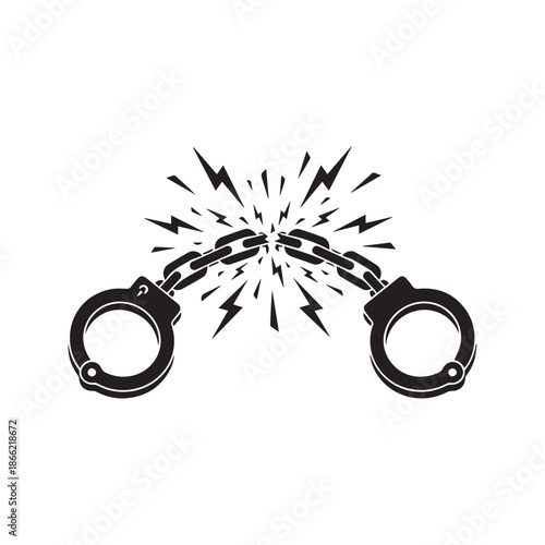 Broken handcuffs silhouette vector illustration, snapping metal chain links isolated on white background for freedom, liberation, and breaking free concept icon
