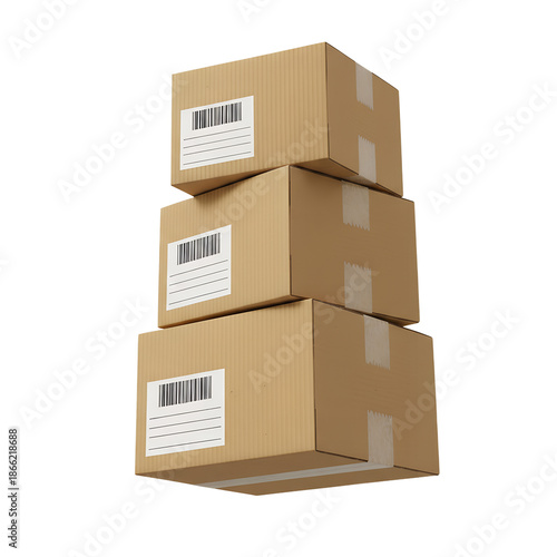 Stack of plain brown cardboard shipping boxes isolated on transparent background, ideal for logistics, e-commerce, and delivery service concepts