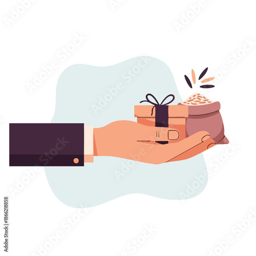 A hand holding a gift box and a bowl of rice during Ramadhan celebration illustration