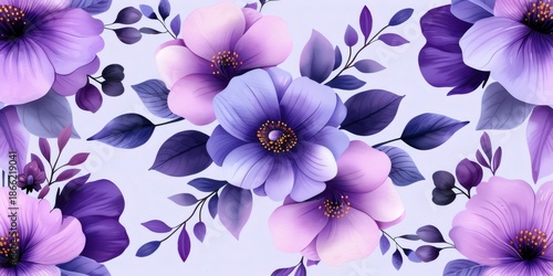 Purple and lavender flowers blooming on light background