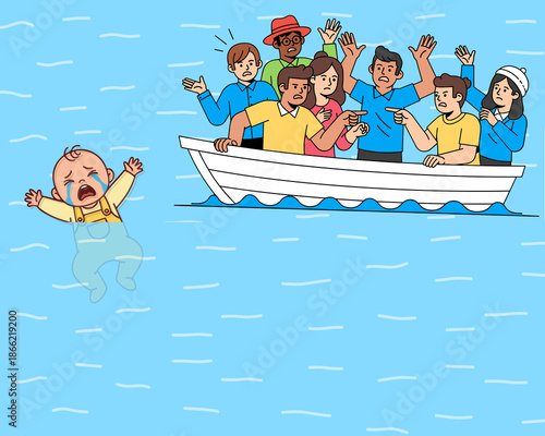 Group in boat ignoring crying child