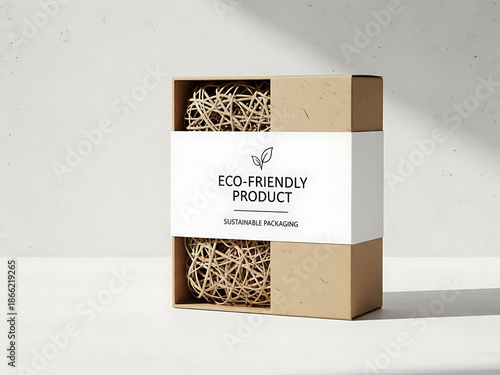 Eco-friendly product packaging with sustainable materials on a white surface