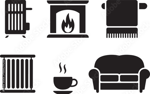 Home Heating and Comfort Icon Set in Solid Style Featuring Fireplace, Radiator, Heater, and Cozy Elements