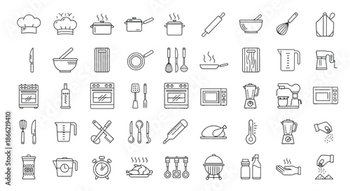 Collection of kitchenware icons isolated on, representing various cooking tools and appliances in a minimalist and modern style