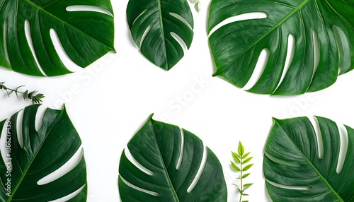 Monstera Leaves Arrangement on White Background.