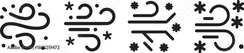 Wind and Snow Weather Icon Set in Solid Style for Forecast and Seasonal Design
