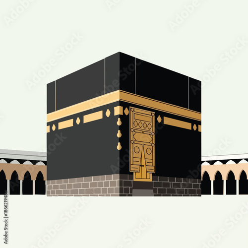 Kaaba Illustration with Islamic Architecture and Golden Accents