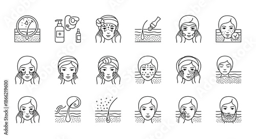 Collection of skincare routine icons representing various steps and treatments, isolated on perfect for beauty and wellness content