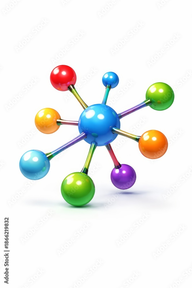 Obraz premium Colorful 3D molecule model with connected glossy spheres isolated on white background, chemistry concept.