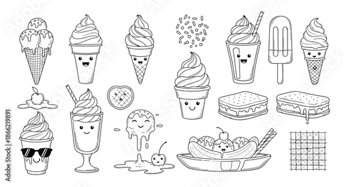Set of cute ice cream line art icons isolated on collection of different ice cream flavors in simple outline style design