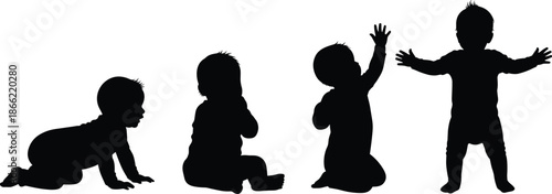 Baby development stages silhouette illustration, infant growth from crawling to standing, childhood milestone concept isolated black figures set