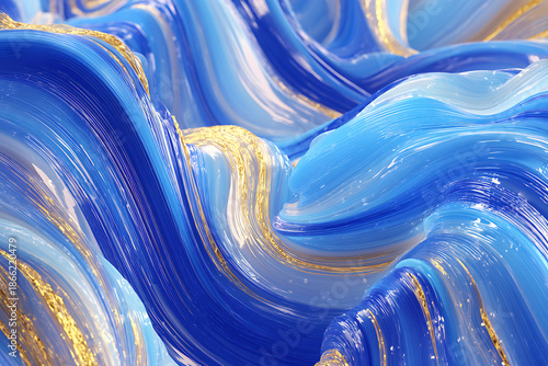 Abstract background featuring flowing 3D waves of bright blue, cyan, and shimmering gold.