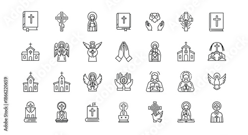 Religion line icons set, christianity, church, bible, angel, prayer, isolated on