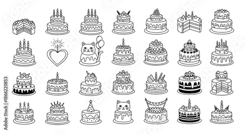 A delightful collection of cake icons, each meticulously handdrawn with intricate details, perfect for adding a touch of sweetness to any design isolated on