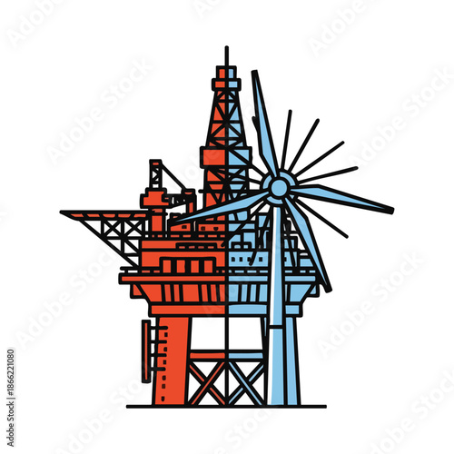 Juxtaposition of an offshore oil rig and a wind turbine symbolizing the transition to renewable energy sources.