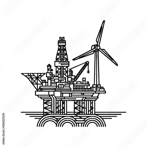 Offshore oil rig platform combined with a wind turbine for sustainable energy production on the sea.