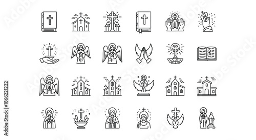 Collection of christianity icons featuring crosses, churches, and angels, isolated on perfect for religious designs and illustrations
