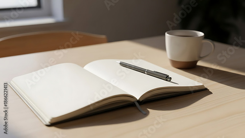 Open notebook with pen on wooden desk near coffee cup in sunny room