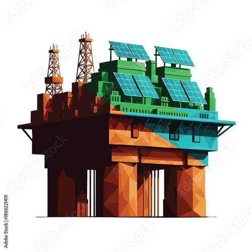 This geometric illustration combines an offshore oil rig with solar panels, representing the global energy transition and urgent move towards sustainable power solutions.