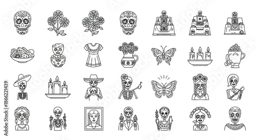 Collection of day of the dead icons isolated on these icons represent the traditions and symbols associated with this vibrant celebration