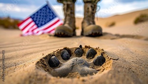 Paw Print in Sand with American Flag and Soldier Boots.