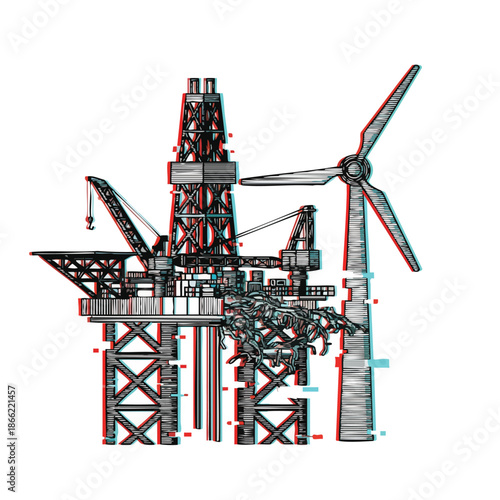 A compelling digital artwork contrasts a detailed offshore oil rig with a sleek wind turbine, presented with an anaglyph glitch effect, highlighting energy evolution.