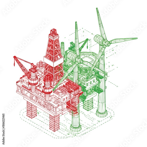 A conceptual wireframe illustration contrasts an offshore oil drilling platform with modern green energy wind turbines, symbolizing the global shift to sustainable power.