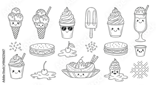 Collection of cute ice cream illustrations in black and white, featuring various flavors and toppings, isolated on vector elements