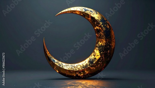 Golden Crescent Moon Symbol With Sparkling Golden Dust Against A Dark Textured Background With Subtle Lighting