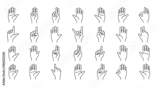 Line art icon set of various human hand gestures, illustrating finger counting, communication, and non-verbal cues for digital design and educational content
