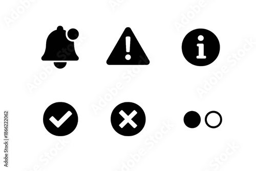System alerts and status indicators icon set in black flat vector style. Clean notification symbols for software platforms, websites, and digital interfaces.