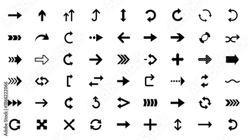 Extensive collection of diverse black arrow icons and directional symbols for navigation, user interface, and graphic design projects