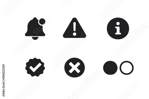 Notification and system status icon set with alerts, info, success, and error indicators. Black flat vector icons for apps, dashboards, and modern UI design.