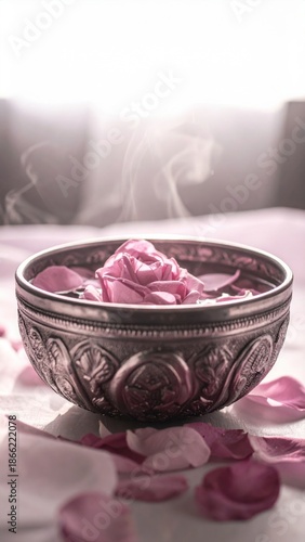 Close Up Of A Pink Rose Floating In A Silver Ornate Bowl With Petals Scattered Around In Soft Natural Lighting