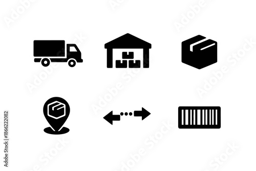 Logistics and shipping icon set with delivery, warehouse, and package tracking symbols. Black flat vector icons for e-commerce apps, dashboards, and UI design.
