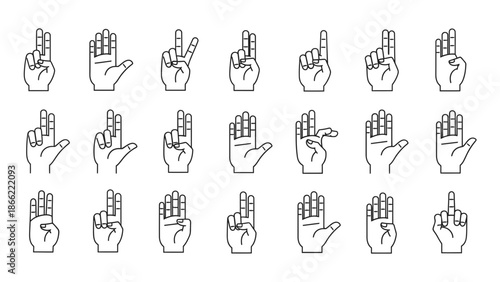 Comprehensive set of linear vector icons illustrating diverse human hand gestures for number counting and non-verbal communication, ideal for UI/UX design and educational resources