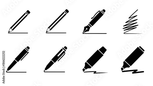 Versatile Collection of Writing and Drawing Instrument Icons Pencils, Pens, and Markers with Scribble Lines for Creative and Professional Design Projects