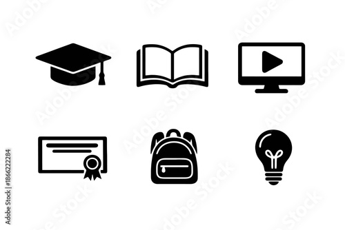 Learning and education icon set in black flat vector style. Clean academic symbols for apps, websites, and digital teaching platforms.